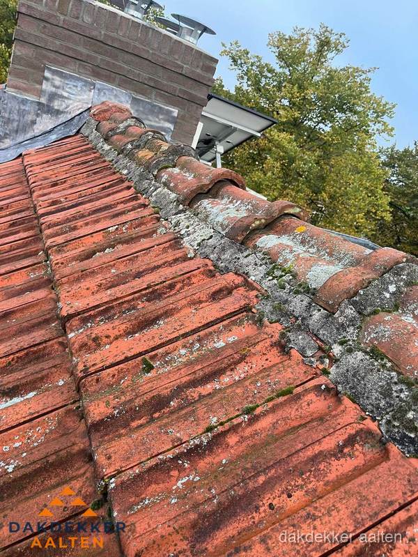 Verweerd hellend dak met mosgroei op nokvorst in Aalten Verweerd hellend dak met mosgroei op nokvorst in Aalten